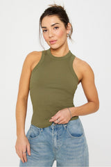 high neck rib built-in bra tank